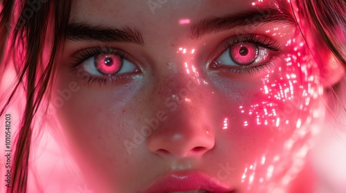 Eye-illuminated woman with digital light on her face photo