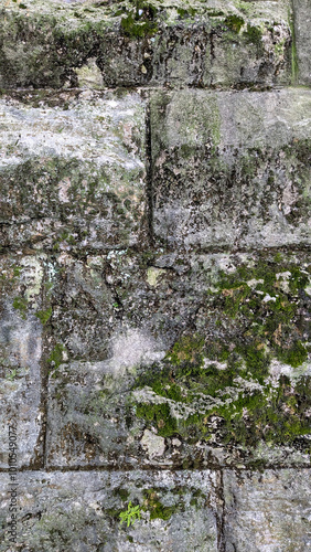 Weathered stone wall with moss and lichen, historical architecture texture