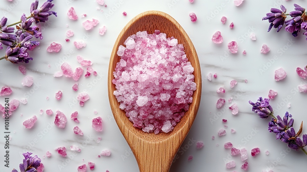 Pink salt in a wooden spoon surrounded by lavender flowers. Pink salt in a wooden spoon surrounded by lavender flowers.