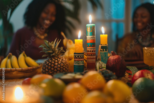 Kwanzaa celebration. Close-up shot of family dinner with blurred background photo