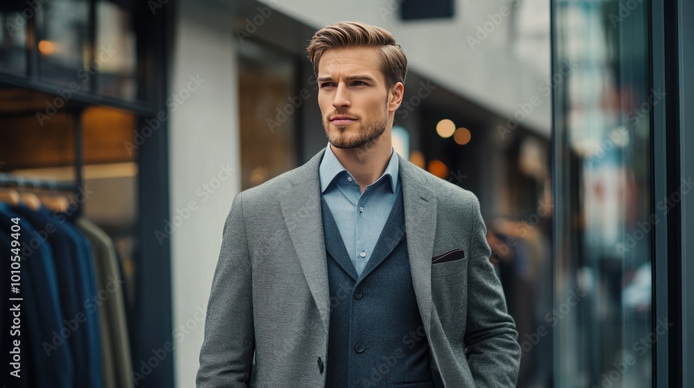 A man in a grey suit and blue shirt standing in front of a storefront A man in a grey suit and blue shirt standing in front of a storefront