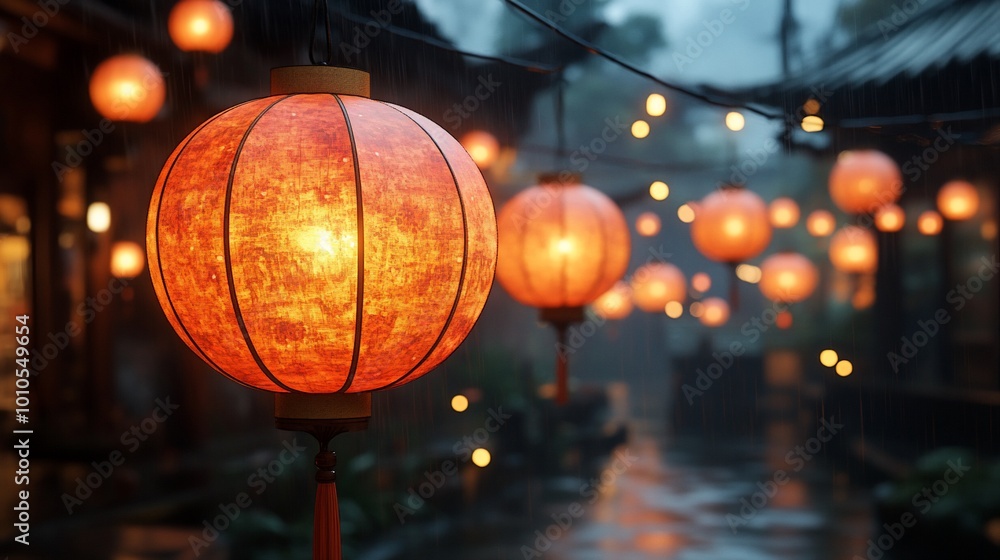Red lanterns illuminate a misty, cobblestone alleyway in an Asian town, creating a warm and inviting atmosphere. Red lanterns illuminate a misty, cobblestone alleyway in an Asian town, creating a warm and inviting atmosphere.