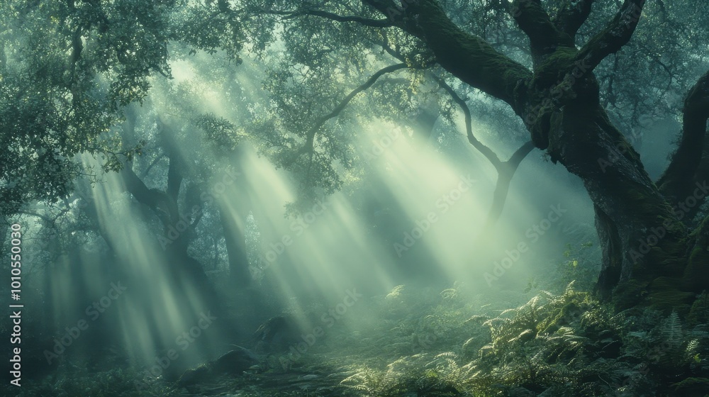 A serene forest scene with beams of light filtering through trees and lush vegetation. A serene forest scene with beams of light filtering through trees and lush vegetation.