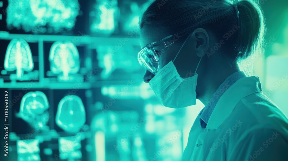 Scientist Examining Brain Scans with Face Mask Scientist Examining Brain Scans with Face Mask