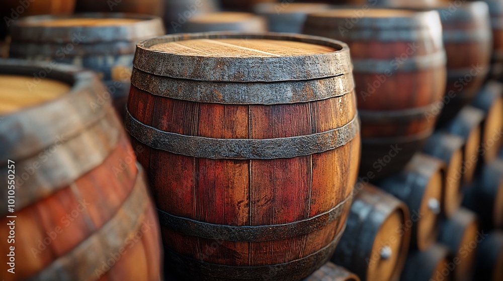 Close-up of a row of wooden barrels with rusty metal bands. Close-up of a row of wooden barrels with rusty metal bands.