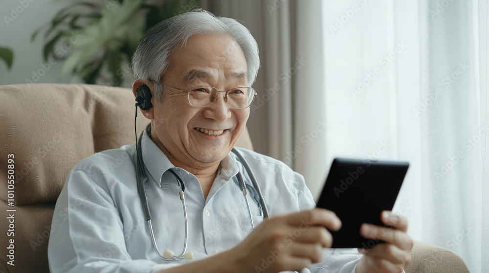 Elderly man enjoys digital device usage at home Elderly man enjoys digital device usage at home