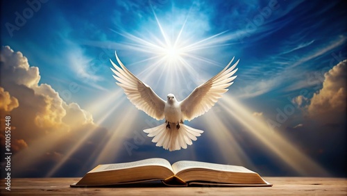 Flying dove above an opened book The Holy spirit appears over the Bible Symmetrical photo