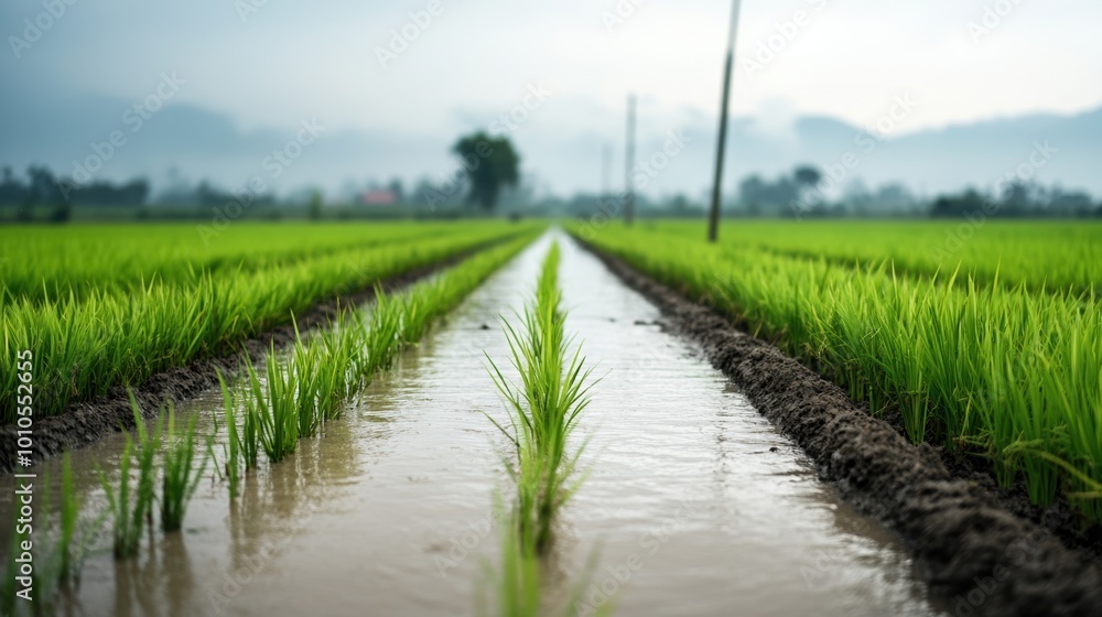 Lush green rice field with reflections in water under cloudy sky. Lush green rice field with reflections in water under cloudy sky.