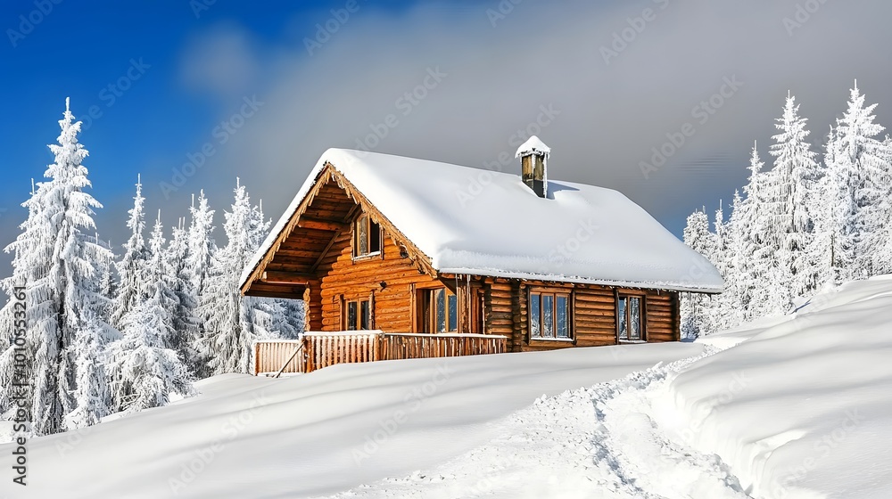 A log cabin tucked away in the mountains, with thick snow covering the roof and trees all around A log cabin tucked away in the mountains, with thick snow covering the roof and trees all around