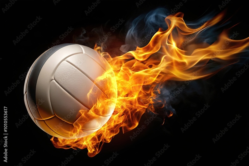 Fototapeta premium Flying volleyball with fire isolated on black background