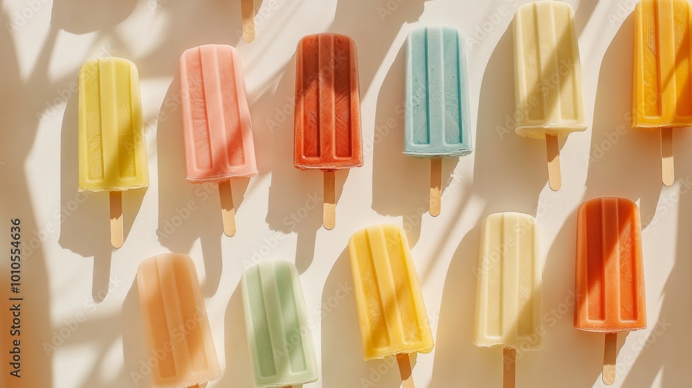 Popsicles of various colors arranged on a white background with a bright clear window bringing in daylight Popsicles of various colors arranged on a white background with a bright clear window bringing in daylight
