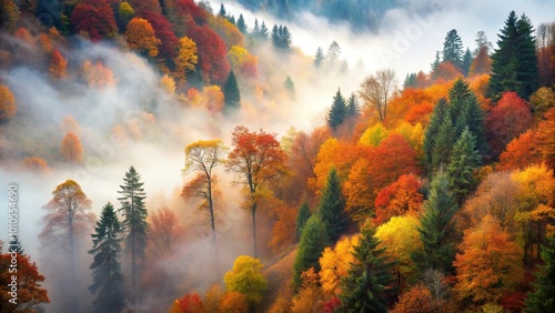 Foggy autumn forest with tilted angle