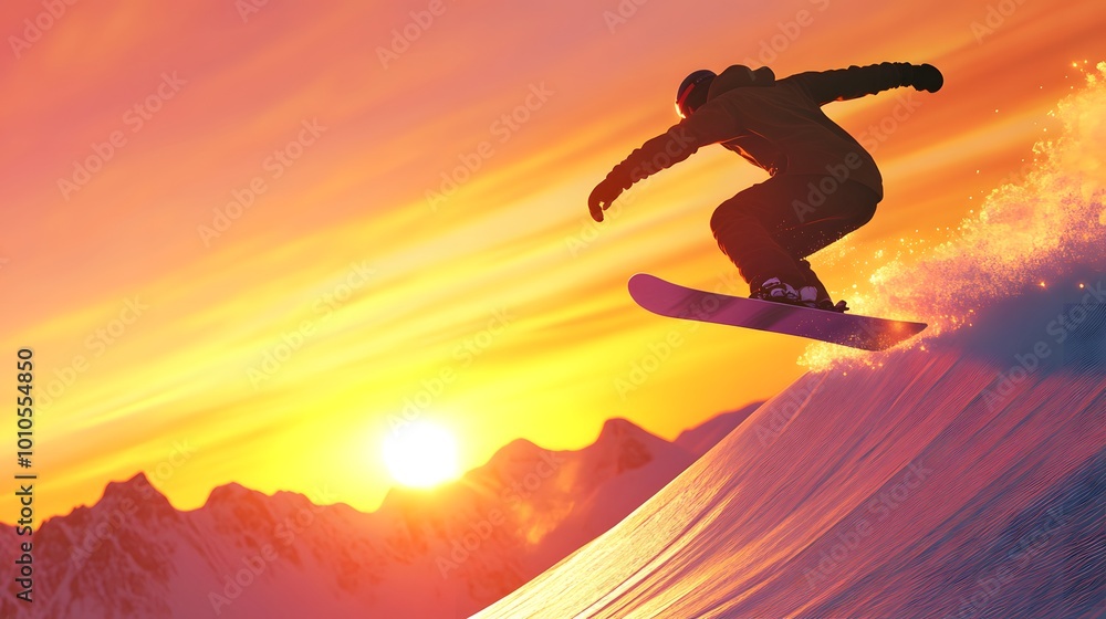 A snowboarder performing a perfect trick on a half-pipe with mountains silhouetted against the morning sky A snowboarder performing a perfect trick on a half-pipe with mountains silhouetted against the morning sky