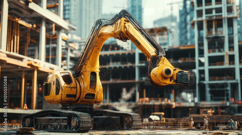 Yellow Robotic Excavator on Construction Site Yellow Robotic Excavator on Construction Site