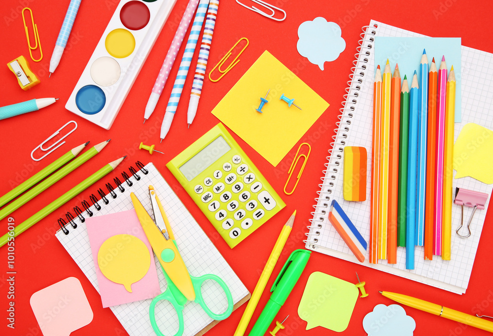 School supplies on red background School supplies on red background