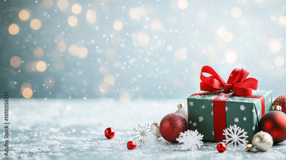 A beautifully wrapped Christmas gift sits on snowy surface, surrounded by festive ornaments and delicate snowflakes. scene captures joy and warmth of holiday season A beautifully wrapped Christmas gift sits on snowy surface, surrounded by festive ornaments and delicate snowflakes. scene captures joy and warmth of holiday season