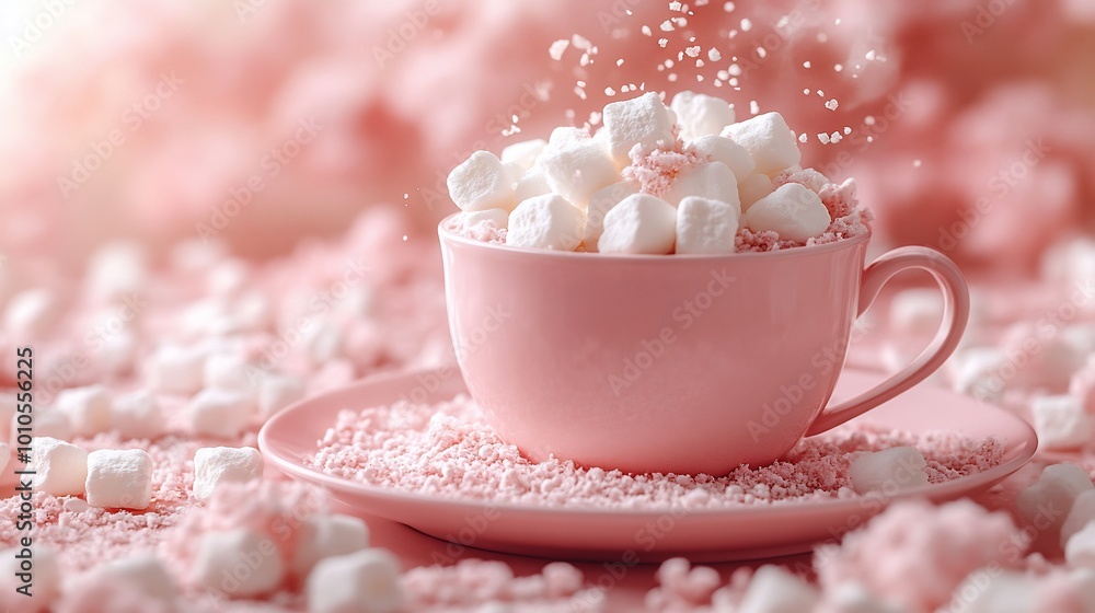 A pink teacup filled with marshmallows and surrounded by scattered marshmallows, set on a pink saucer. A pink teacup filled with marshmallows and surrounded by scattered marshmallows, set on a pink saucer.