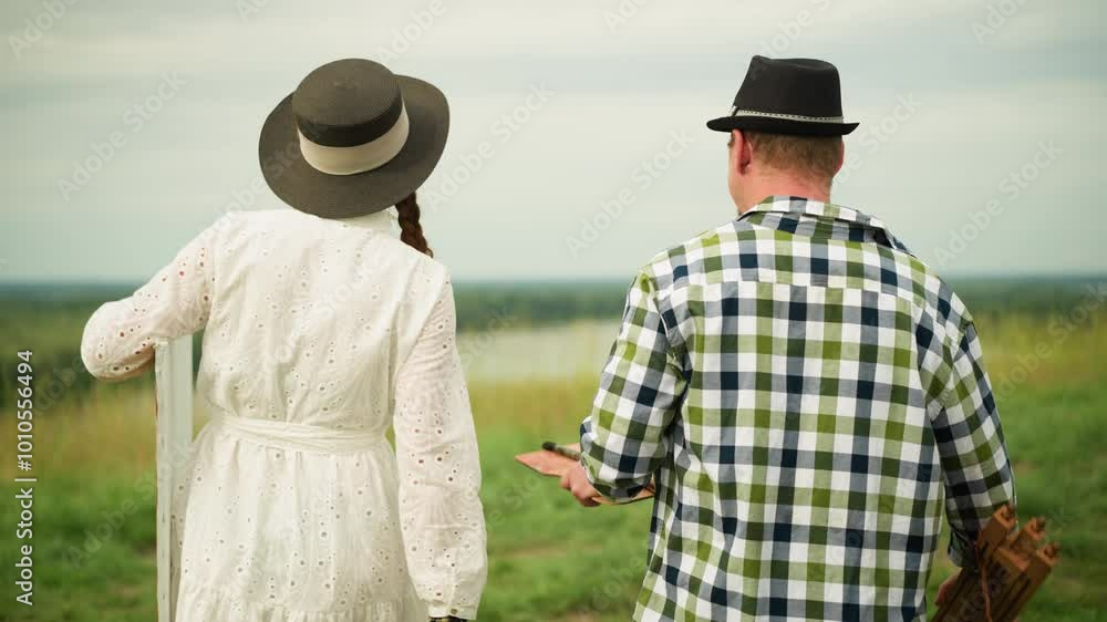 Close-up back shot of a couple walking on a grassy field. The woman, dressed in a white gown, carries a canvas while the man, in a checkered shirt and jeans, hands her a drawing pad as they Close-up back shot of a couple walking on a grassy field. The woman, dressed in a white gown, carries a canvas while the man, in a checkered shirt and jeans, hands her a drawing pad as they