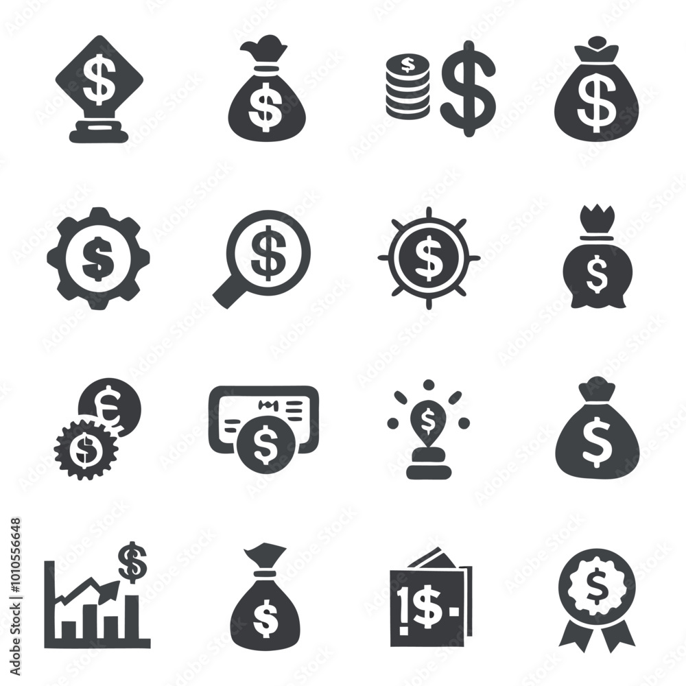 Φωτογραφία Earn Money Icons Set Black and White Currency and Cash Symbols Flat Design Vecto