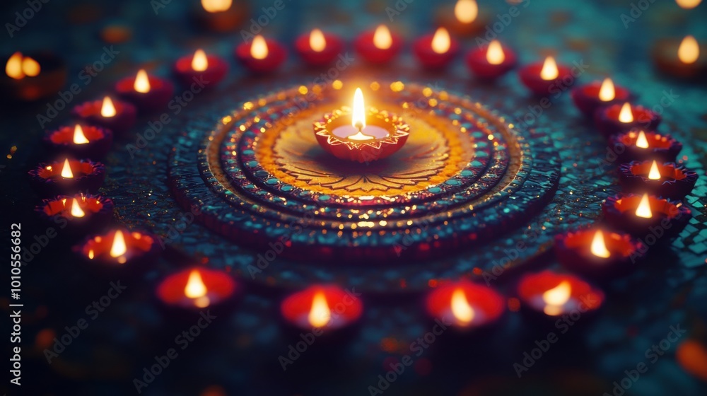 Diwali mosaic podium with a circular arrangement of diyas, creating a radiant glow. Diwali mosaic podium with a circular arrangement of diyas, creating a radiant glow.