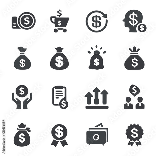 Earn Money Icons Set Black and White Currency and Cash Symbols Flat Design Vector Art