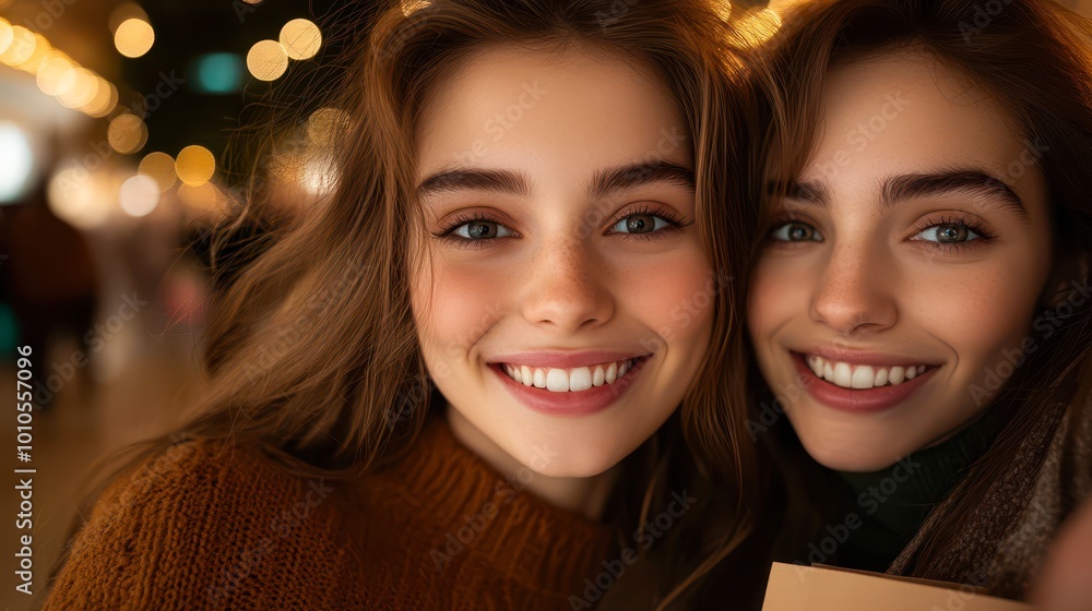 Two young women smiling brightly in a lively street decorated with warm lights, perfect for themes of friendship, joy, and celebrations, Ideal for marketing, social media, or lifestyle content, Two young women smiling brightly in a lively street decorated with warm lights, perfect for themes of friendship, joy, and celebrations, Ideal for marketing, social media, or lifestyle content,