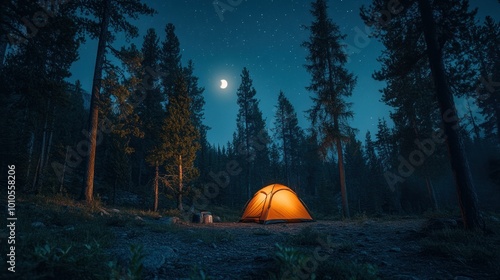 Illuminated Tent in a Forest Under a Starry Night Sky