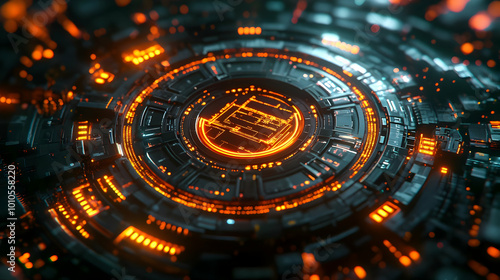 Abstract 3D Illustration of a Futuristic Circuit Board with Orange Lights