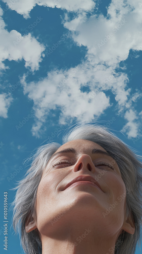 A serene woman gazes upward, her silver hair contrasting beautifully against vibrant blue sky filled with fluffy white clouds. scene evokes sense of peace and tranquility A serene woman gazes upward, her silver hair contrasting beautifully against vibrant blue sky filled with fluffy white clouds. scene evokes sense of peace and tranquility