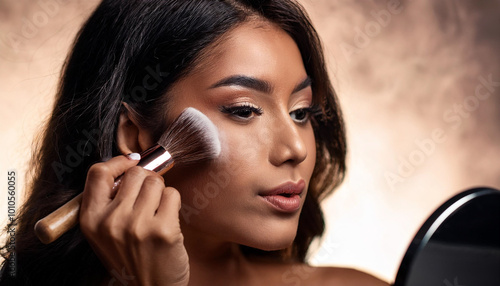 Portrait of a beautiful woman applying powder using a make-up brush, hyperrealistic image