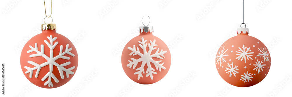 Three decorative Christmas ornaments with snowflake patterns on white background. Three decorative Christmas ornaments with snowflake patterns on white background.