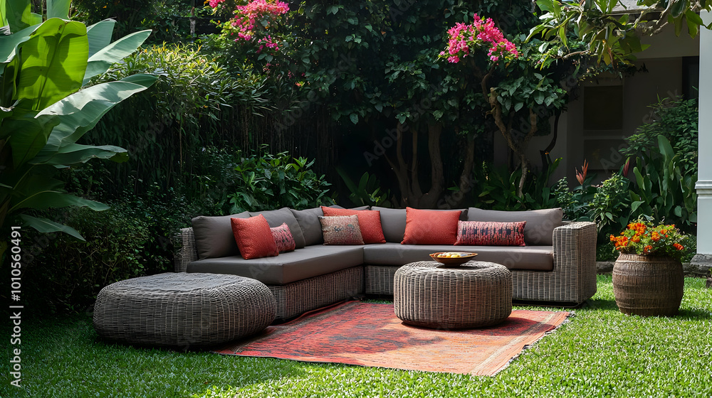 Fototapeta premium Outdoor living space with wicker furniture and a rug