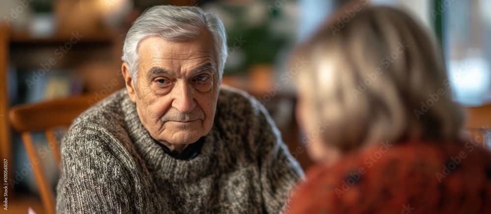 Senior man with a thoughtful expression looking at an off-screen person while sitting at a table indoors. Senior man with a thoughtful expression looking at an off-screen person while sitting at a table indoors.