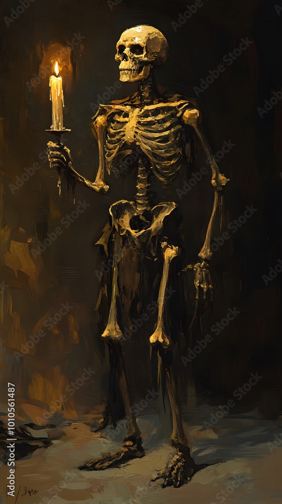 Fototapeta premium Skeleton with Candle, otherworldly realism, hyper-realistic oil, light amber tones, featuring ritualistic masks in a wizardcore theme