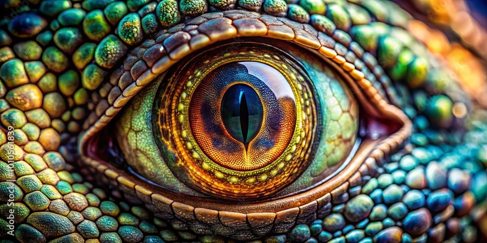 Fototapeta premium A close-up view of a reptilian eye, revealing a vibrant blue iris with a golden ring, surrounded by textured scales in shades of green, brown, and yellow.