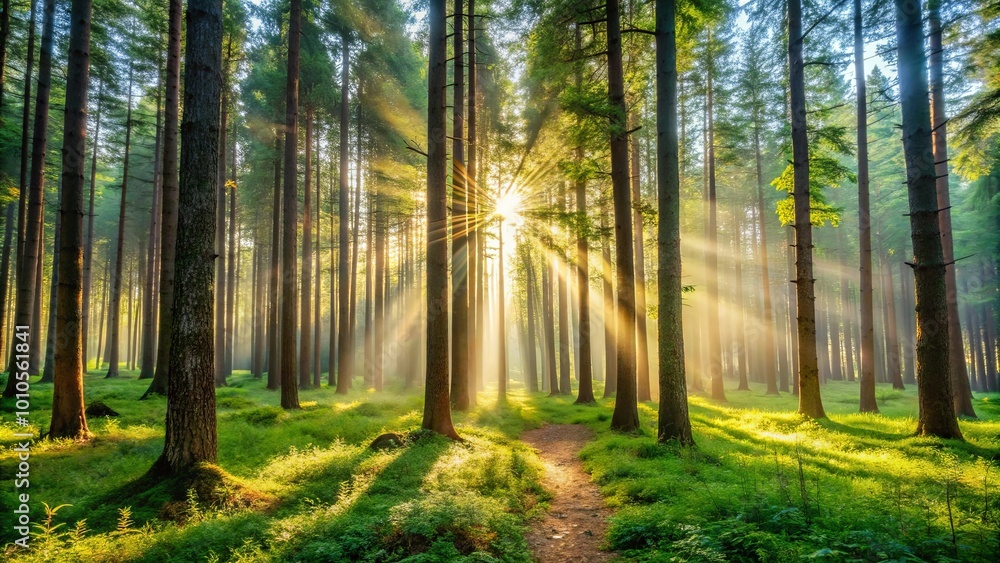 Obraz premium Sunlight Streaks Through the Canopy of a Verdant Forest, Illuminating a Path Leading Into the Heart of the Woods