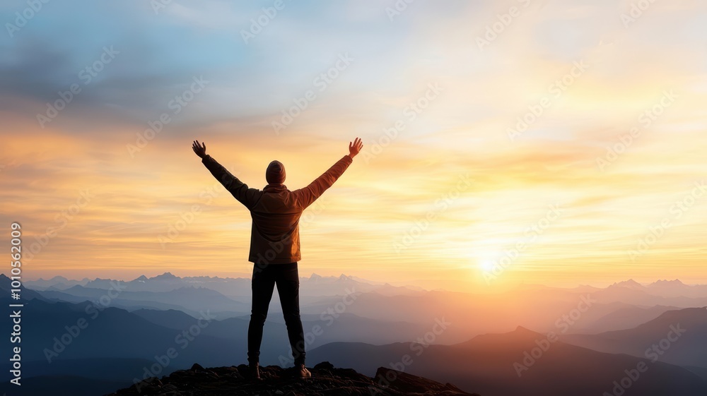 A person standing on a hill at sunrise, arms raised in reverence, symbolizing spiritual connection and faith in nature, wellness worshipper, spirituality, faith A person standing on a hill at sunrise, arms raised in reverence, symbolizing spiritual connection and faith in nature, wellness worshipper, spirituality, faith