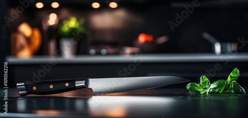 Close-up of a sleek kitchen knife on a counter, modern kitchen in the background, sharpness and precision concept