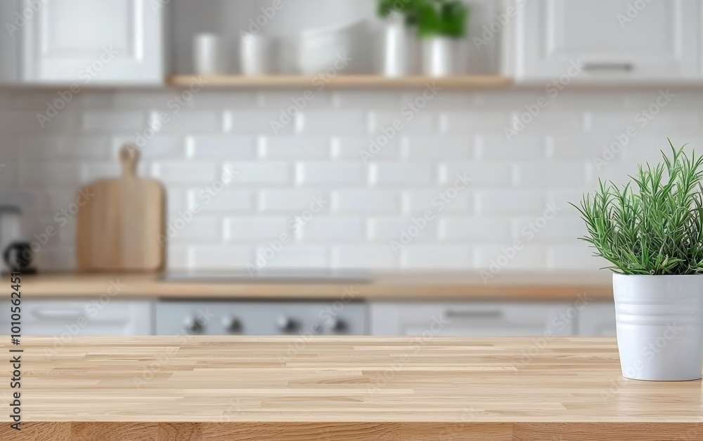 Close-up of wooden countertop in a bright modern kitchen, blurred greenery and shelves, cozy and minimalist home design Close-up of wooden countertop in a bright modern kitchen, blurred greenery and shelves, cozy and minimalist home design