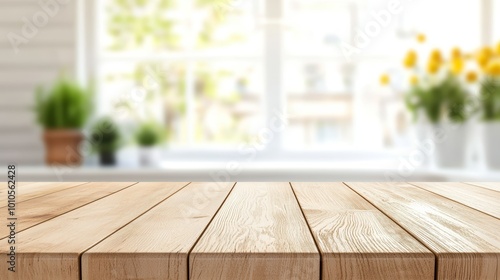 Close-up of wooden table with blurred kitchen interior  natural light streaming in through windows  inviting and modern home design