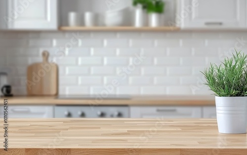 Close-up of wooden countertop in a bright modern kitchen, blurred greenery and shelves, cozy and minimalist home design