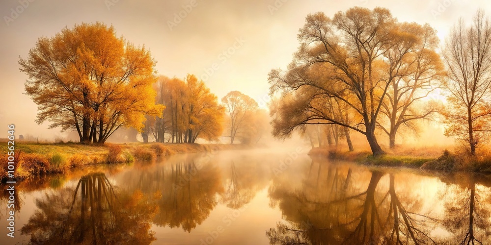 Forced perspective autumn landscape with trees river fog sepia