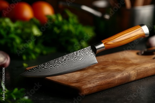 Damascus steel knife with a wooden handle on a cutting board, moody lighting in a vintage kitchen setting, professional chef tools photo