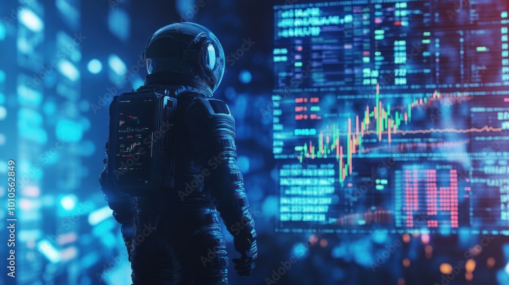 Space explorer viewing stock exchange graphics screen.