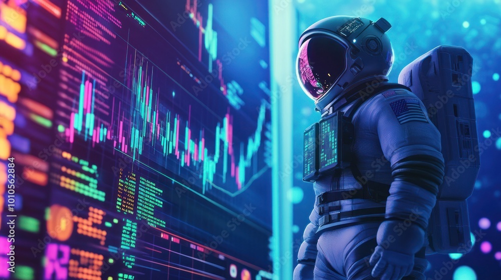 Astronaut checking financial displays in digital cosmos. Astronaut checking financial displays in digital cosmos.