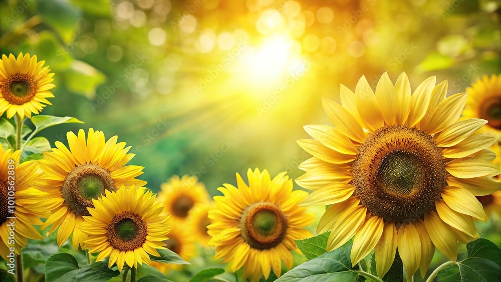 Obraz premium Forced perspective background of oversized sunflowers and leaves