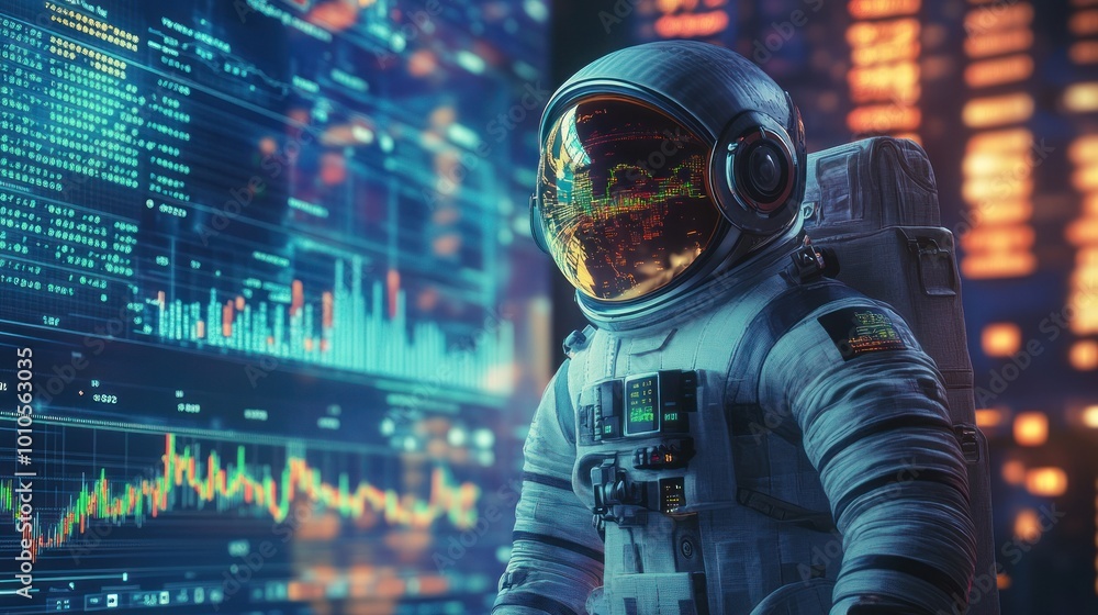 Cosmic astronaut visualizing digital finance graphs Cosmic astronaut visualizing digital finance graphs