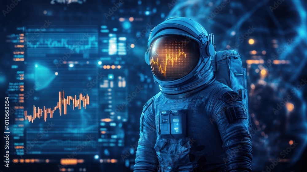 Spacesuit-clad figure analyzes data in space Spacesuit-clad figure analyzes data in space