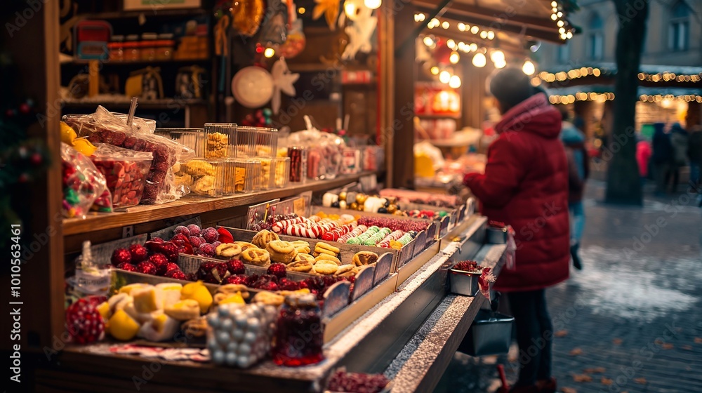 Woman choosing from a variety of sweets being sold at an outdoor christmas market stall, with festive lights illuminating the scene. Merry Christmas and Happy New Year Woman choosing from a variety of sweets being sold at an outdoor christmas market stall, with festive lights illuminating the scene. Merry Christmas and Happy New Year