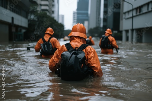 Flooded city with rescue teams in orange suits, navigating waist-deep water, emergency relief efforts in a disaster-stricken area photo